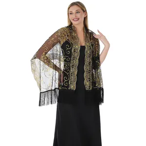 Élégant châle en maille noire avec paillettes dorées et franges pour fêtes de soirée