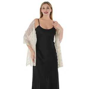 Elegant cream sequin embroidered shawl with floral patterns for bridal or evening wear