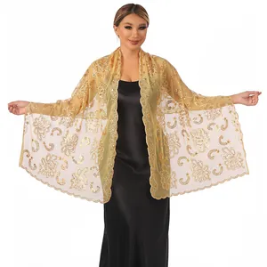 Elegant gold sequin embroidered mesh capelet shawl with lotus flower patterns for gown