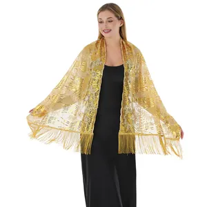 Detailed view of gold sunflower sequin embroidered shawl with fringes for evening dress