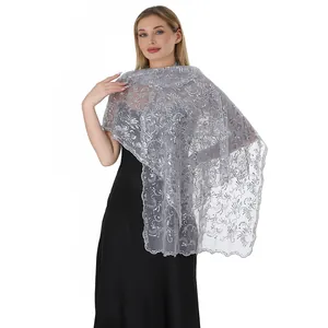 Elegant silver sequined lace shawl with embroidery for formal evening dresses and gowns