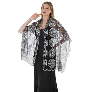 Elegante scialle di pizzo con ricamo floreale di paillettes argentate per abiti da sera