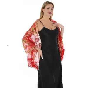Red embroidered shawl with sequins and tassels for wedding bridesmaid evening dresses.