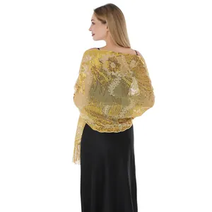 Back view of elegant golden sunflower sequin shawl with fringe for evening gowns