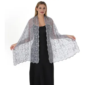 Elegant silver lace shawl with sequined phoenix tail embroidery for evening gowns
