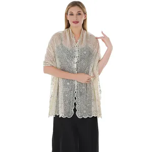 Elegant gold sequined floral embroidery lace shawl for evening gown and bridal wrap.