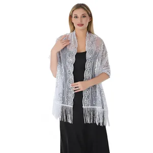 Élégant châle en dentelle à paillettes blanches avec franges pour robes de soirée chic