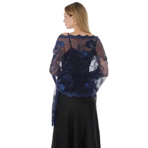 Detailed back view of a navy blue sheer mesh shawl with floral embroidery and sequins