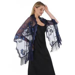 Elegant navy blue evening shawl featuring shiny sequin embroidery and long fringe