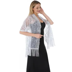 Châle élégant en dentelle blanche à paillettes et franges pour robes de soirée chic