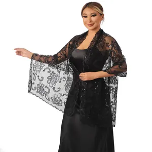 Elegant black lace shawl with floral embroidery and sequins for evening gowns.