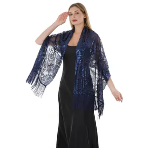 Elegant navy blue sequin embroidered shawl with sunflower pattern and fringe.
