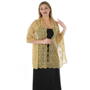 Elegant golden sequined lace shawl featuring intricate phoenix tail embroidery pattern