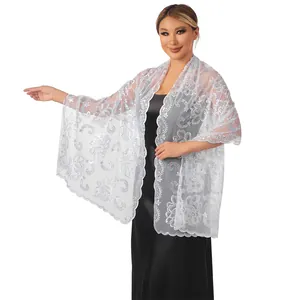 Elegant white mesh shawl with sequin floral embroidery for evening dress