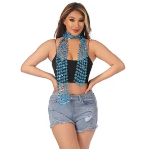Sparkling blue sequin mesh scarf accessory styled on a female model with white background