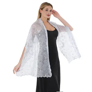 Elegant silver lace shawl with flower sequin embroidery for wedding evening dress detail view