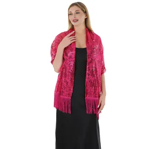 Elegant fuchsia sequined sunflower embroidered shawl with fringe for evening party dresses