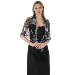 Elegant black sheer shawl with silver sequin embroidery and tassels for evening dress