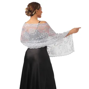 Elegant white sheer lace shawl with sequin lotus embroidery shown from back view