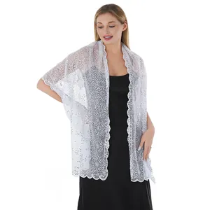 Elegant white floral lace shawl with sparkling sequins for bridal or evening party wear.