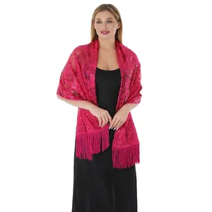 Fuchsia sunflower sequin embroidered shawl with fringe for evening gowns