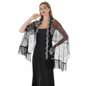 Elegant black sheer shawl with silver sequin floral embroidery and fringe tassels