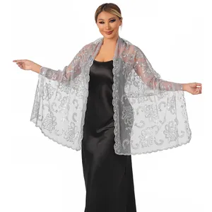 Elegant silver lotus sequin embroidered lace shawl wrap for bridal dresses and formal gowns