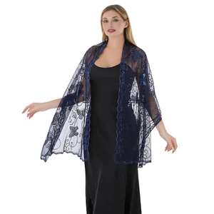 Eleganter dunkelblauer transparenter Schal mit Paillettenstickerei für Abendmode