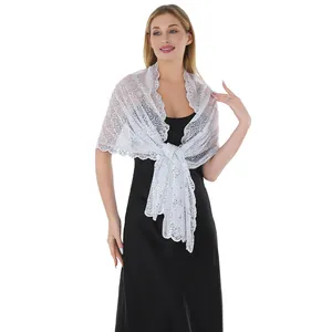 Elegant white lace shawl wrap with floral sequin embroidery for bridal evening dress