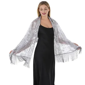 Detailed view of a silver sunflower sequin embroidered shawl with elegant fringe trim