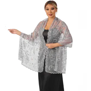 Elegant gray sheer shawl with lotus sequin embroidery for evening gowns and bridal wear