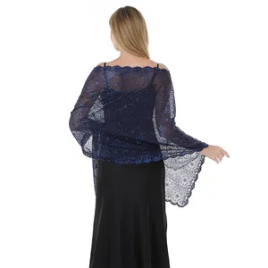 Back view of elegant navy blue lace shawl with sequin floral embroidery and scalloped edges.