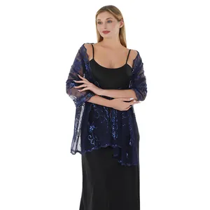 Eleganter dunkelblauer transparenter Schal mit Schmetterlings- und Blumenpaillettenstickerei