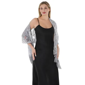 Detail of high-end silver sunflower sequin fringe shawl for elegant evening wedding dresses