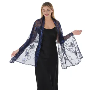 Eleganter dunkelblauer Pailletten-Schal mit Schmetterlingsstickerei für Abendkleider