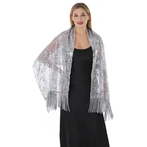 Elegant silver sequined sunflower embroidery shawl with fringe for evening party banquet dresses