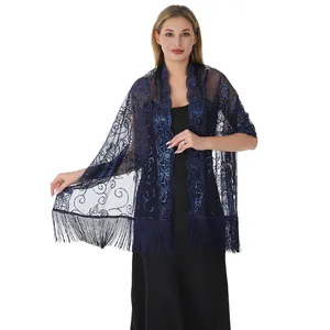 Châle élégant en dentelle à paillettes bleu marine avec franges pour robes de soirée