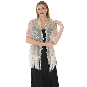 Elegant champagne sequin embroidered fringe shawl wrap for evening party dresses