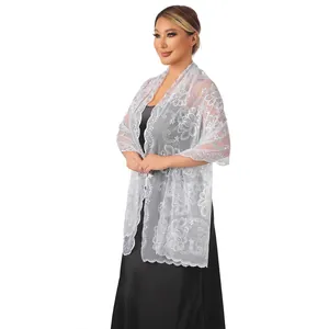 Elegant white lotus floral sequin embroidered lace shawl for bridesmaid evening wear