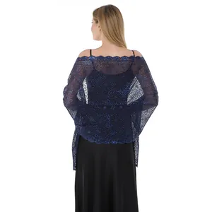 Rear view of navy blue lace shawl with floral sequin embroidery for evening gowns