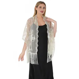 Elegant white sequined lace shawl with floral embroidery and long tassels for evening dresses