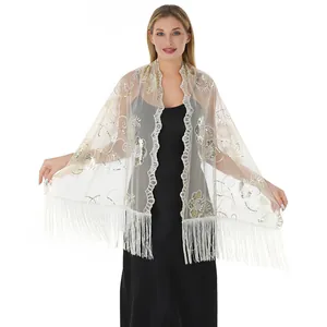 Exquisite sequin embroidered mesh shawl with long fringe detail for elegant evening gowns