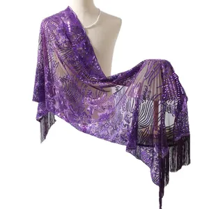 Elegant purple sequin shawl with fringe tassels for evening gowns and weddings 80-100