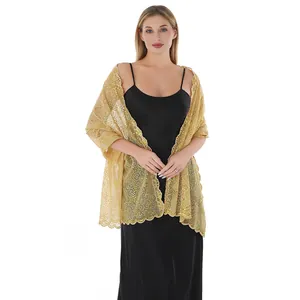 Elegant golden sequin embroidered lace floral shawl wrap for evening gowns and weddings