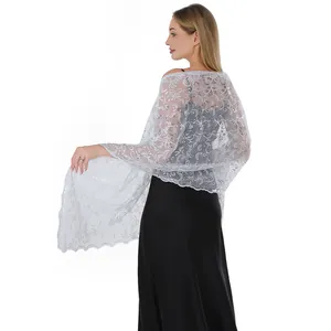 Elegant white sequined lace shawl with phoenix tail embroidery for evening gowns
