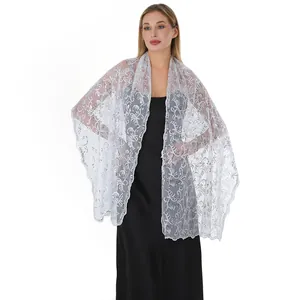 Elegant white lace shawl with sequin phoenix tail embroidery for evening dresses