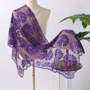 Elegante scialle a rete viola con ricamo floreale di paillettes per abiti da sera
