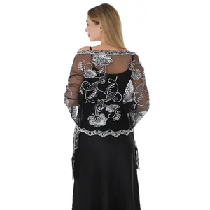 Elegant black mesh evening shawl with silver floral sequin embroidery and long tassels