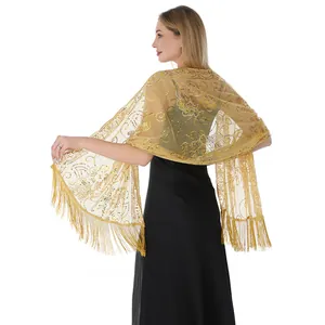 Châle élégant à paillettes dorées avec franges et broderies florales pour soirée