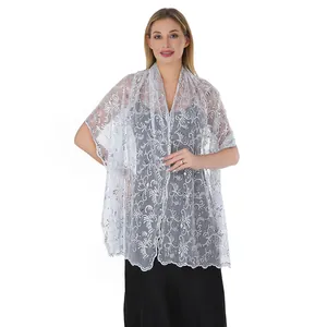 Elegant white floral sequin lace shawl accessory for wedding and formal evening party wear